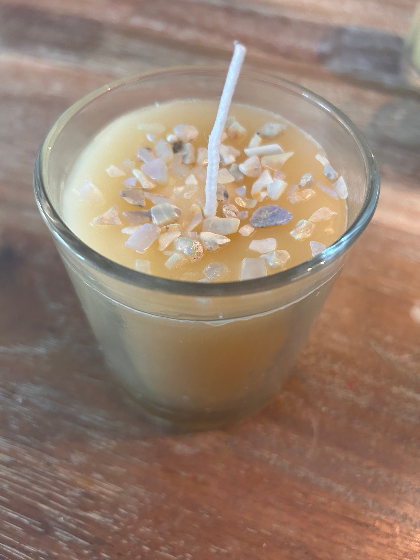 Hand Poured Organic Beeswax Candle with Beadwork Surprise: Opal