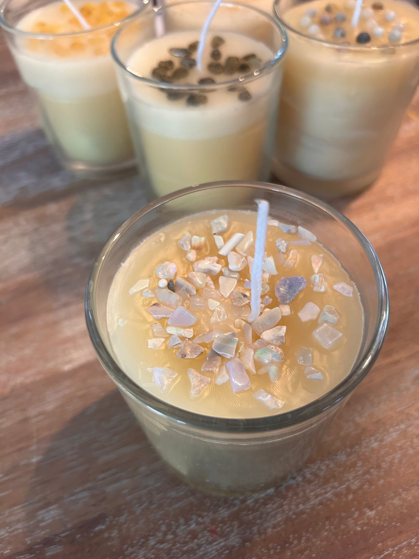 Hand Poured Organic Beeswax Candle with Beadwork Surprise: Morganite