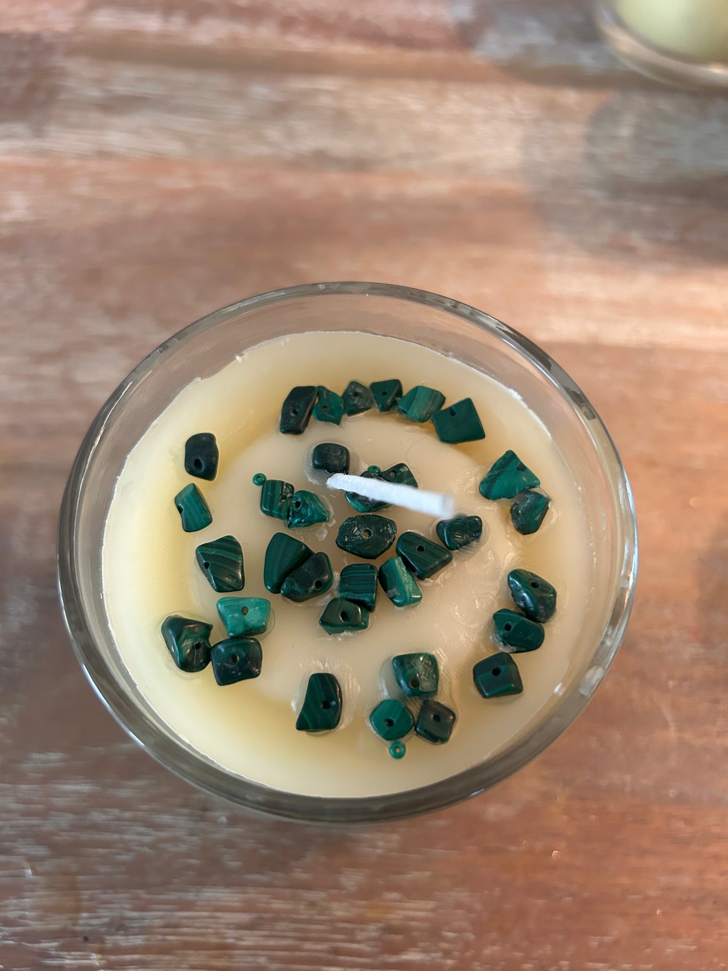 Hand Poured Organic Beeswax Candle with Beadwork Surprise: Malachite