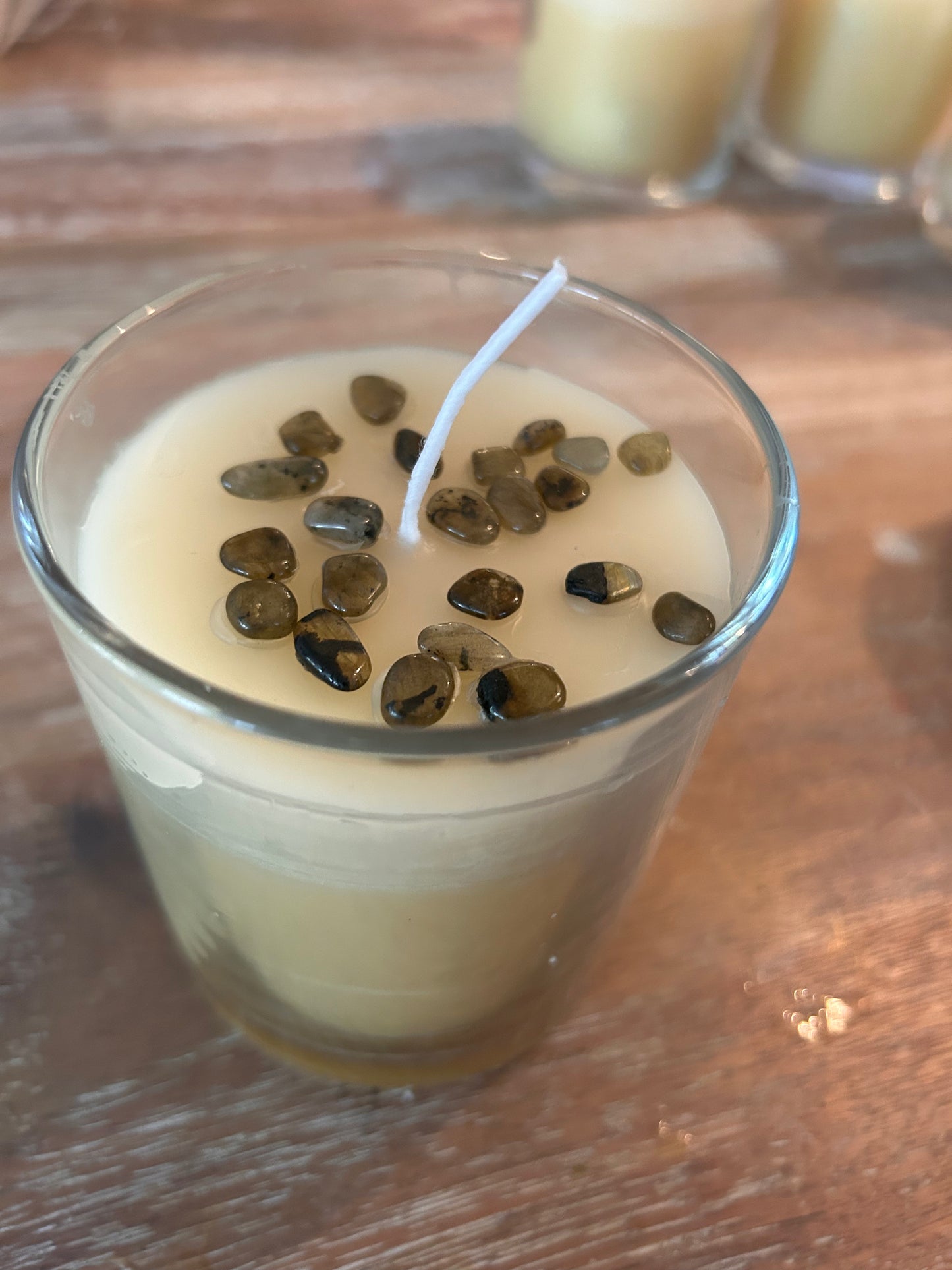 Hand Poured Organic Beeswax Candle with Beadwork Surprise: Labradorite