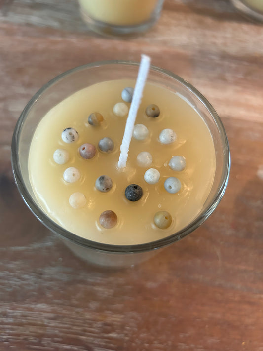 Hand Poured Organic Beeswax Candle with Beadwork Surprise: Morganite