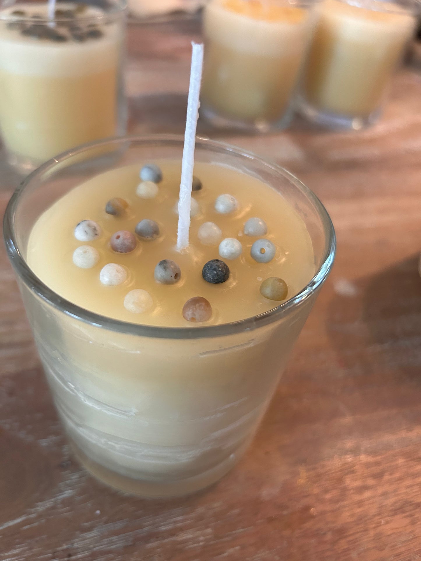 Hand Poured Organic Beeswax Candle with Beadwork Surprise: Morganite