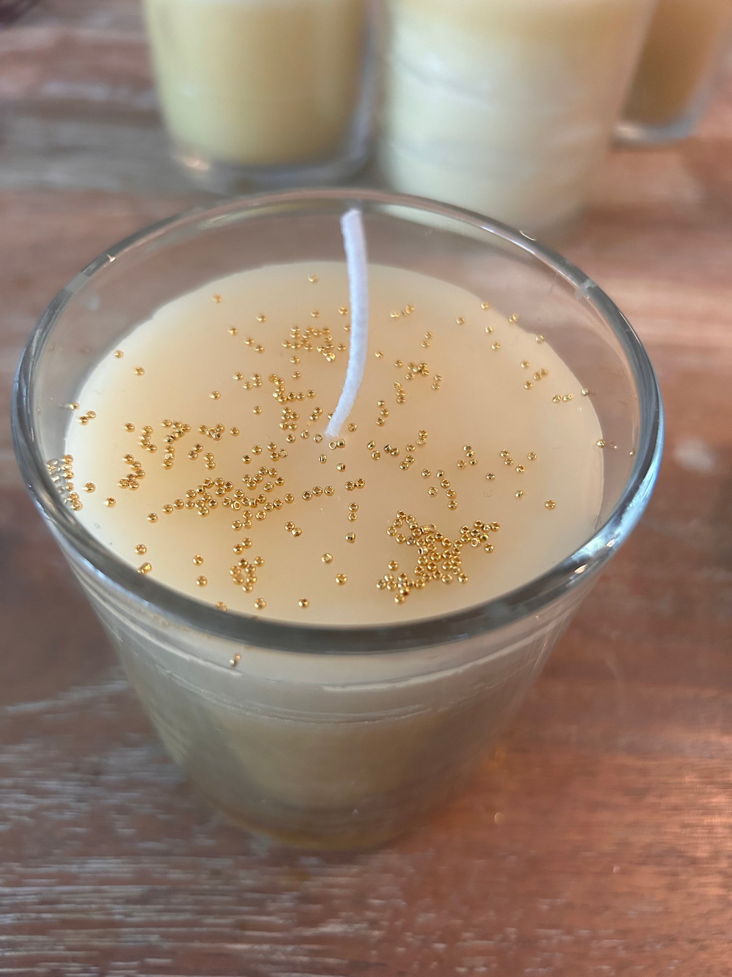 Hand Poured Organic Beeswax Candle with Beadwork Surprise: 24K Gold