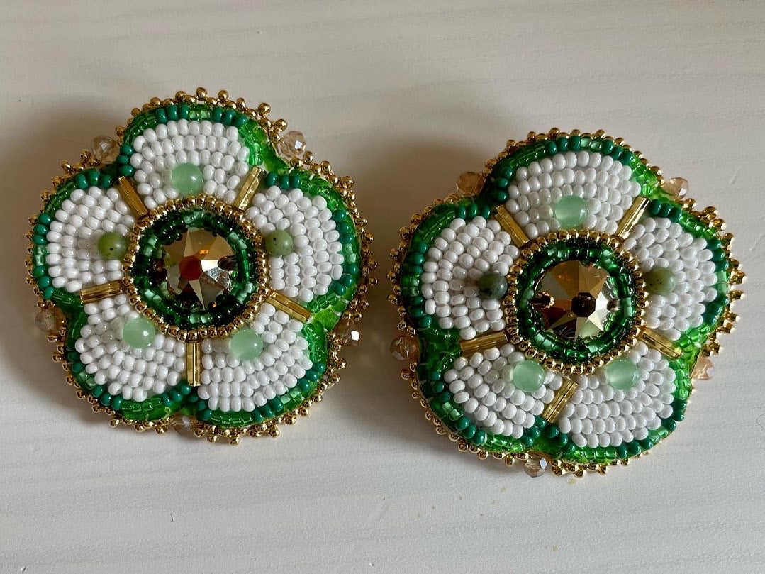 Custom Green Floral Hair Tie and Earring Set