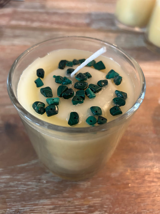Hand Poured Organic Beeswax Candle with Beadwork Surprise: Malachite